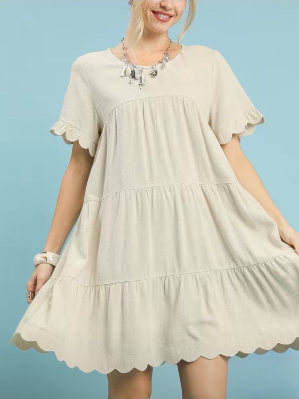 Umgee Cream Scalloped Tiered Mini Dress